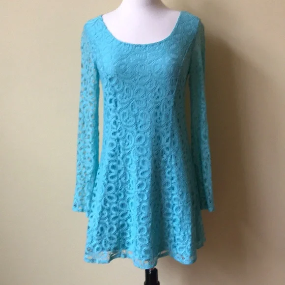 Altar'd State | Dresses | Altard State Blue Lace Long Sleeve Skater Dress |  Poshmark